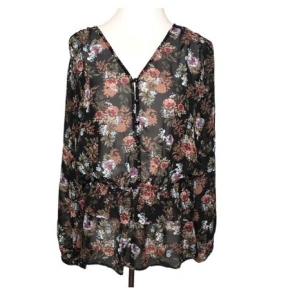 Pleione  Black Floral Peasant Tunic sheer balloon sleeve blouse LG - Picture 1 of 16
